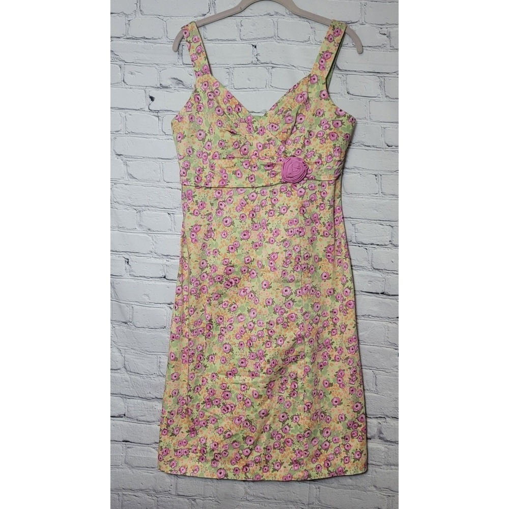First Issue Liz Claiborne Floral Sheath Dress Pink Green Rosette Size 8 90's Y2K